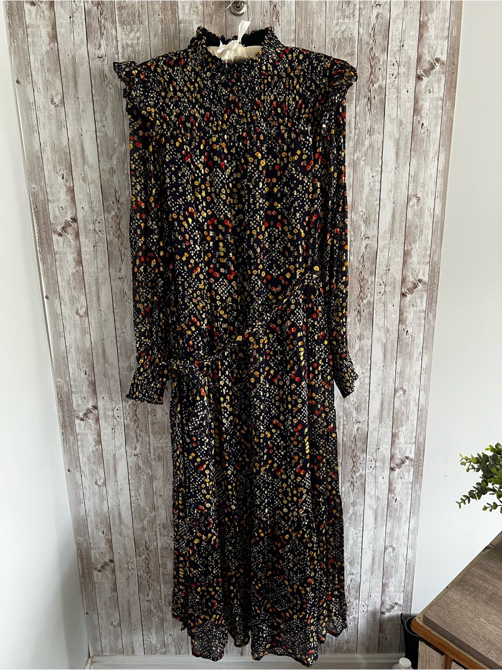 Oliphant Smocked Neck Shibori Navy Indigo Maxi Dress Bohemian Witchy Fall NEW LG